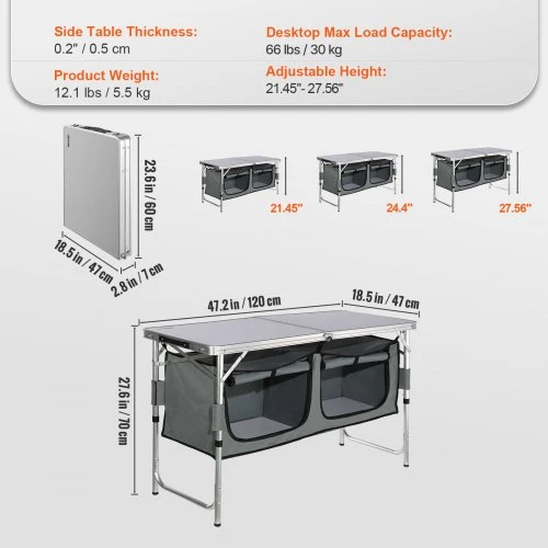 VEVOR Sulankstomas stovyklavimo virtuvės stalas, aliuminis ir MDF, 120 x 47 x 70 cm