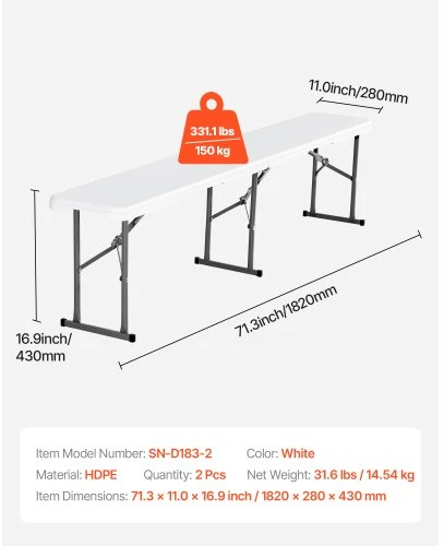 VEVOR Sulankstomas suolas, HDPE, baltas, 182 x 28 x 43 cm, 2 vnt.