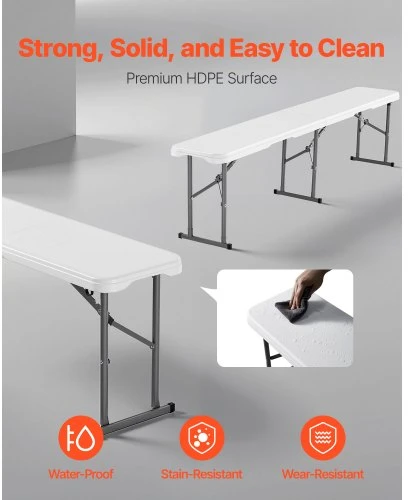 VEVOR Sulankstomas suolas, HDPE, baltas, 182 x 28 x 43 cm, 2 vnt.