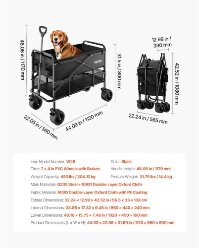 Koduva Sulankstomas transportavimo vežimėlis VEVOR W26, juodas, 400 l, iki 204 kg, 112 x 56 x 80 cm