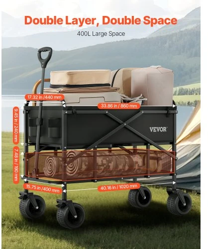 Koduva Sulankstomas transportavimo vežimėlis VEVOR W26, juodas, 400 l, iki 204 kg, 112 x 56 x 80 cm