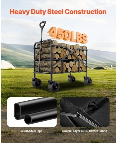 Koduva Sulankstomas transportavimo vežimėlis VEVOR W26, juodas, 400 l, iki 204 kg, 112 x 56 x 80 cm
