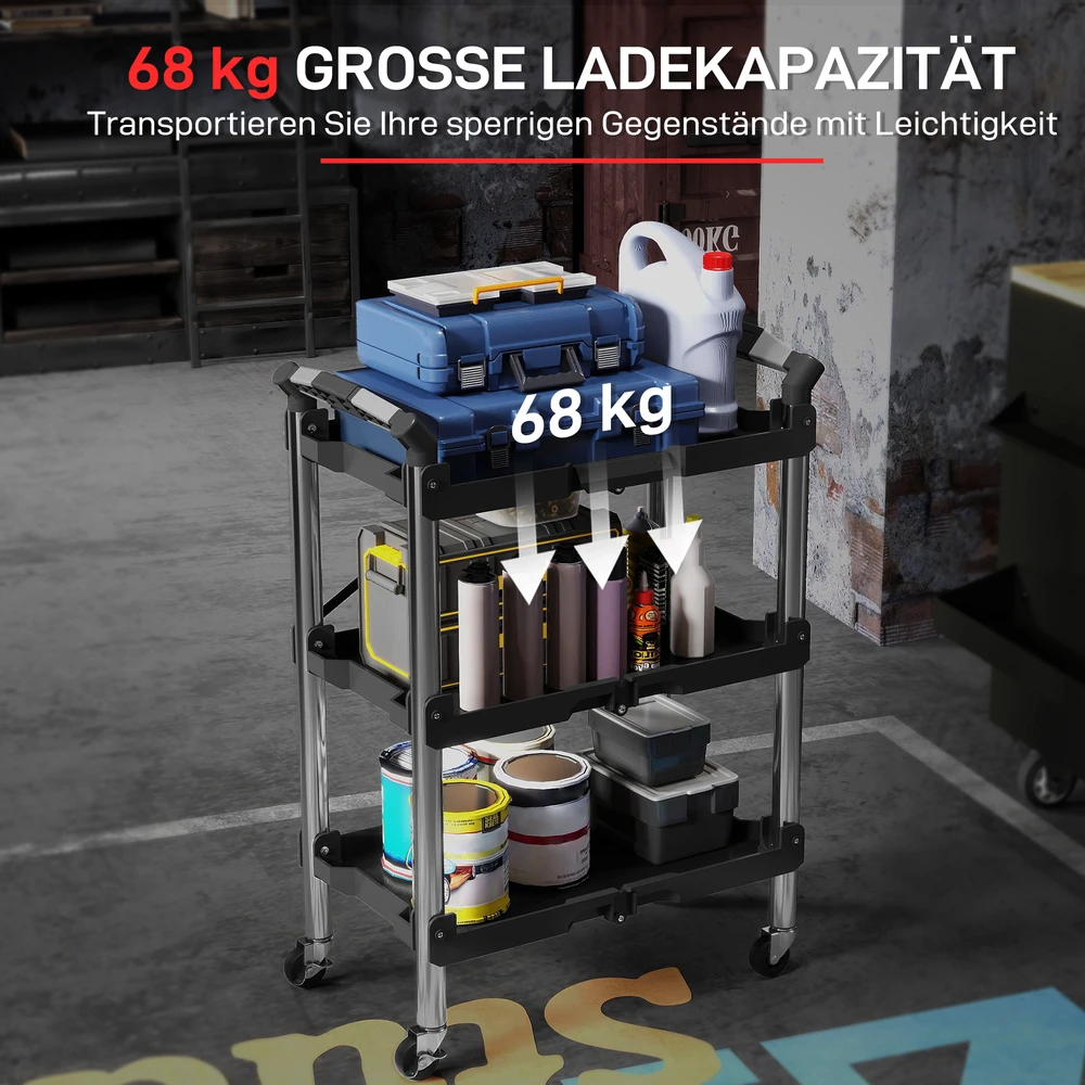 Aosom Sulankstomas trijų lygių įrankių vežimėlis su ratukais, juodas ir raudonas, iki 68 kg