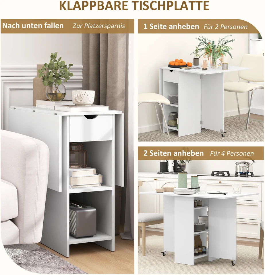 Aosom Sulankstomas valgomojo stalas 2–4 asmenims, baltas, su sandėliavimo vieta, 114,5 x 70 x 75 cm