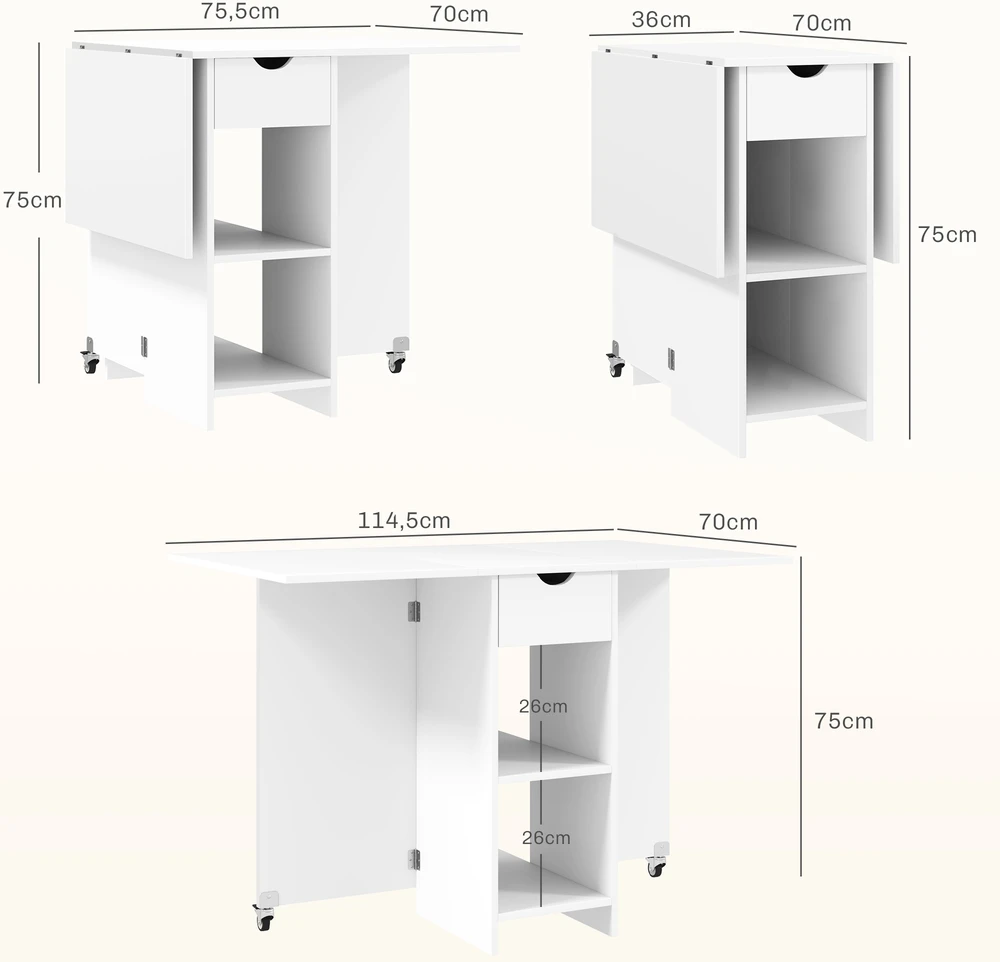 Aosom Sulankstomas valgomojo stalas 2–4 asmenims, baltas, su sandėliavimo vieta, 114,5 x 70 x 75 cm