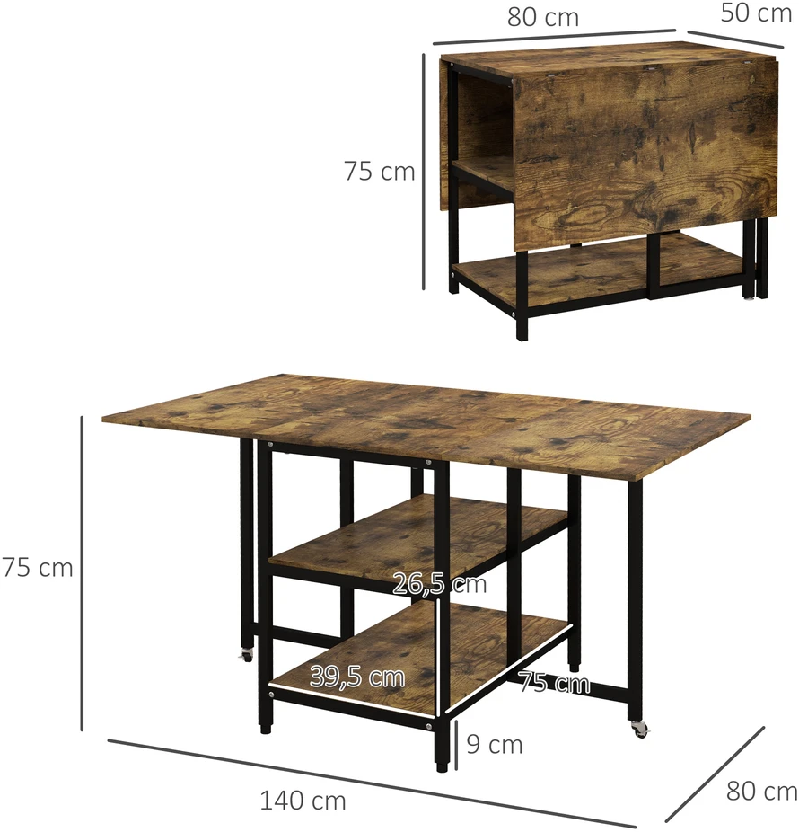 Aosom Sulankstomas valgomojo stalas, industrinio dizaino, 140 x 80 x 75 cm, rudas + juodas