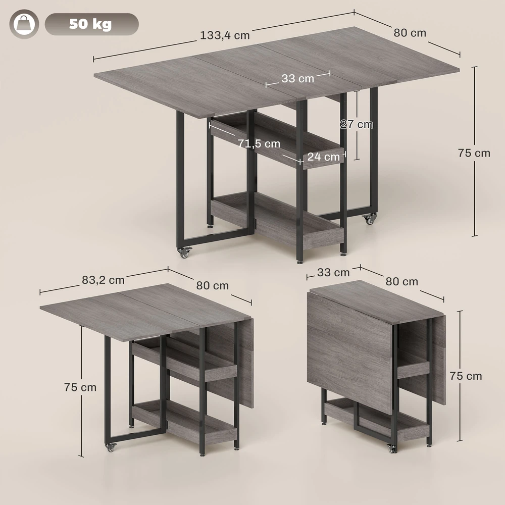 Aosom Sulankstomas valgomojo stalas industrinio dizaino, iki 4 asmenų, pilkas, 133,4 x 80 x 75 cm