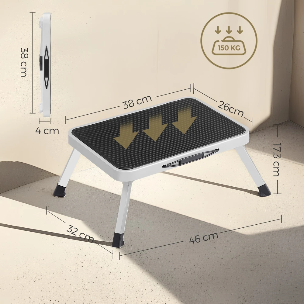 Songmics Sulankstomas vienpakopis laiptelis iš plieno, baltas, iki 150 kg, 32 x 44 x 17,5 cm