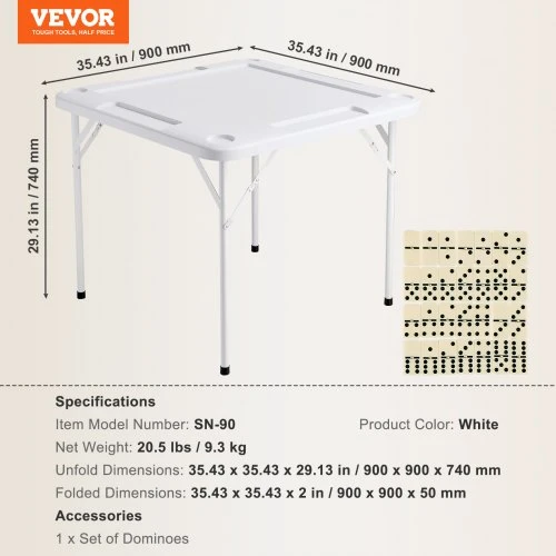 VEVOR Sulankstomas žaidimų stalas SN-90, 4 žaidėjams, su 4 puodelių laikikliais ir 4 žetonų dėklais, baltas, 90 x 90 cm