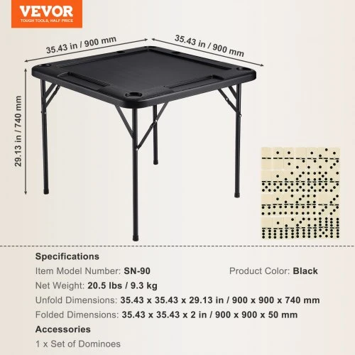 VEVOR Sulankstomas žaidimų stalas SN-90, 4 žaidėjams, su 4 puodelių laikikliais ir 4 žetonų dėklais, 90 x 90 cm, juodas