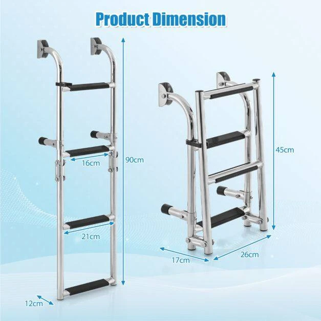 Promotion Sulankstomos 3 pakopų kopėčios valčiai ir baseinui, neslidžios PVC pakopos, sidabrinės, 90 x 27,5 x 13 cm