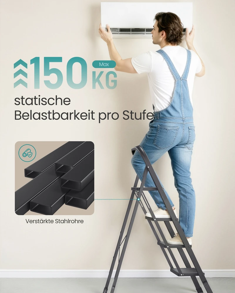 Koduva Sulankstomos 4 pakopų kopėčios iš plieno, juodos, 89 x 45 x 127 cm, apkrova iki 150 kg