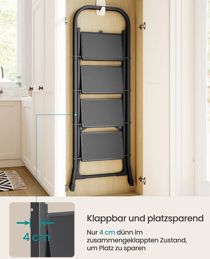 Koduva Sulankstomos 4 pakopų kopėčios iš plieno, juodos, 89 x 45 x 127 cm, apkrova iki 150 kg