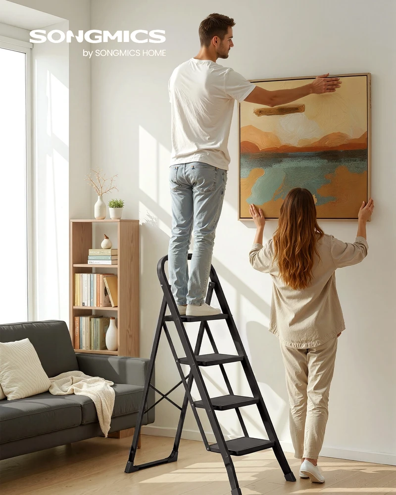Koduva Sulankstomos 4 pakopų kopėčios iš plieno, juodos, 89 x 45 x 127 cm, apkrova iki 150 kg