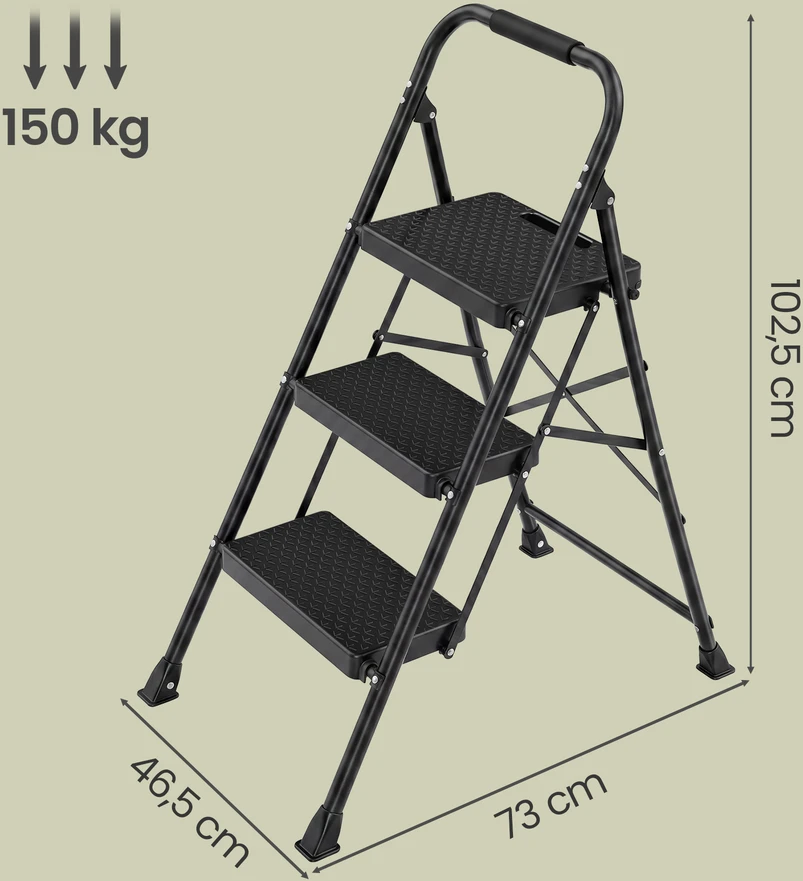 Koduva Sulankstomos kopėčios, 3 pakopų, plieninės, juodos, 150 kg, 73 x 46,5 x 102,5 cm