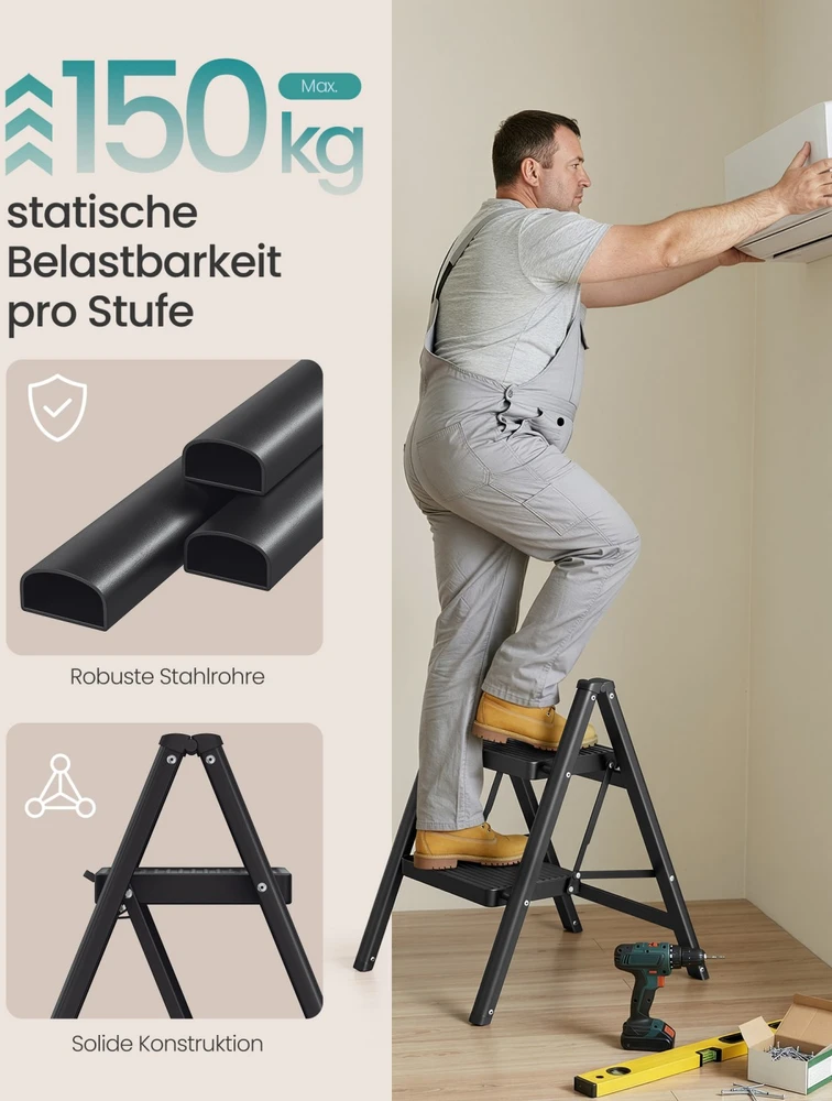 Koduva Sulankstomos kopėčios su 2 pakopomis, plieninės, juodos, 55 x 43,4 x 61,8 cm, 150 kg