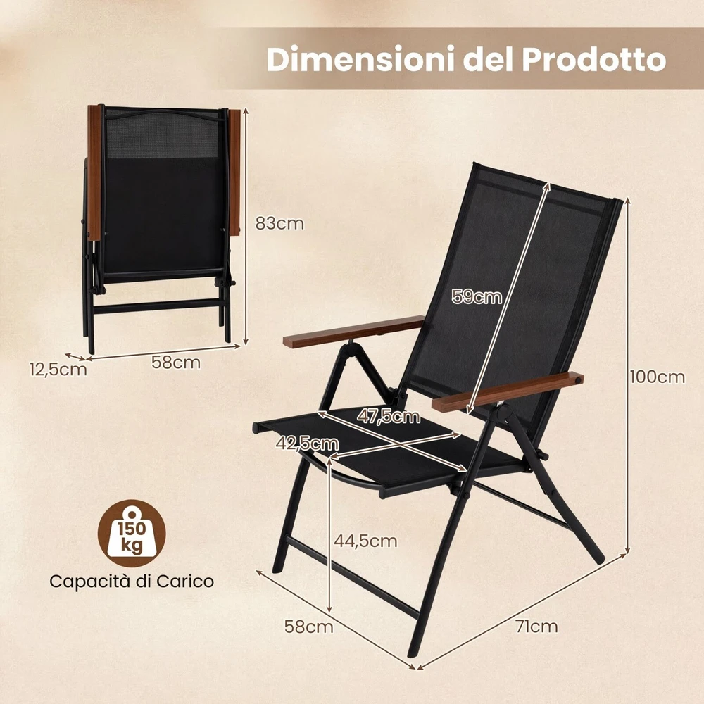 Promotion Sulankstomos lauko kėdės, 2 vnt. komplektas, 5 padėčių reguliuojamos, Teslin audinys, juodos, 56 x 71 x 100 cm