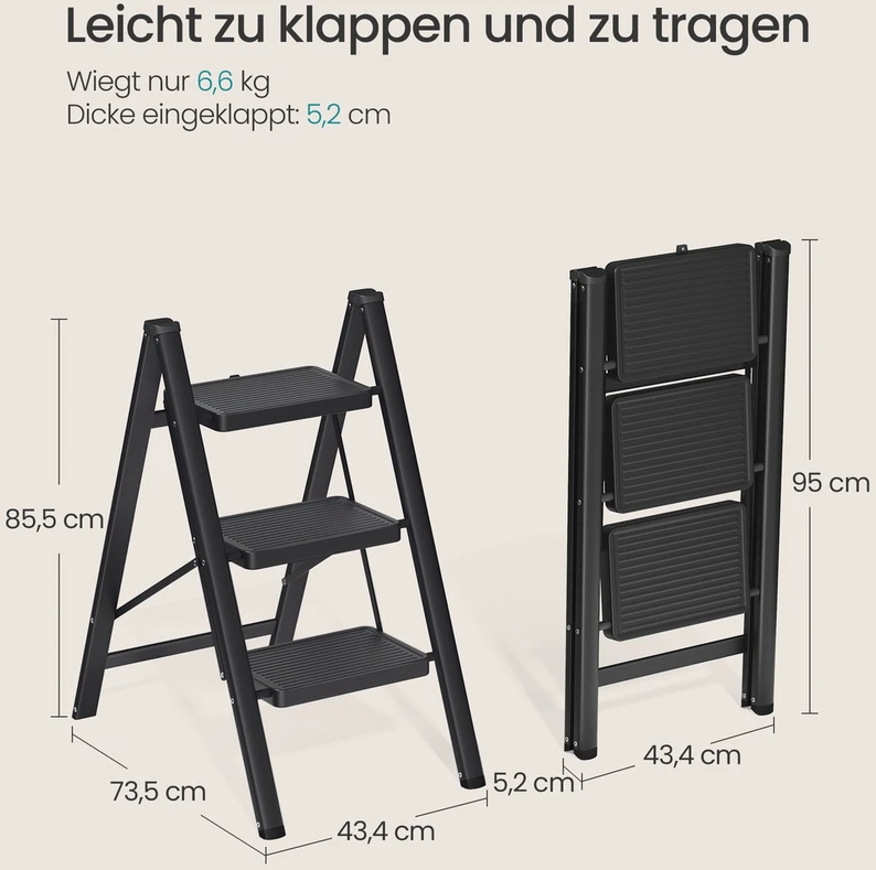 Koduva Sulankstomos pakopinės kopėčios, 3 pakopų, plieninės, 150 kg, 73,5 x 43,4 x 85,5 cm, juodos