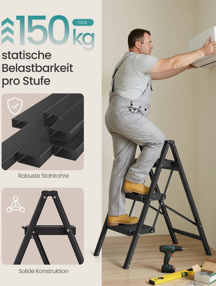 Koduva Sulankstomos pakopinės kopėčios, 3 pakopų, plieninės, 150 kg, 73,5 x 43,4 x 85,5 cm, juodos