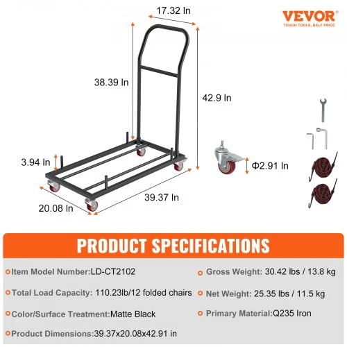 Koduva Sulankstomų kėdžių vežimėlis VEVOR LD-CT2102, juodas, 12 kėdžių, 100 x 51 x 109 cm