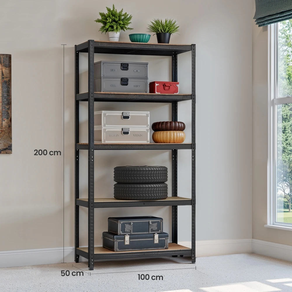 Koduva Sunkių daiktų stelažas, 50 x 100 x 200 cm, juodas, iš cinkuoto plieno ir MDF, 5 reguliuojamos lentynos