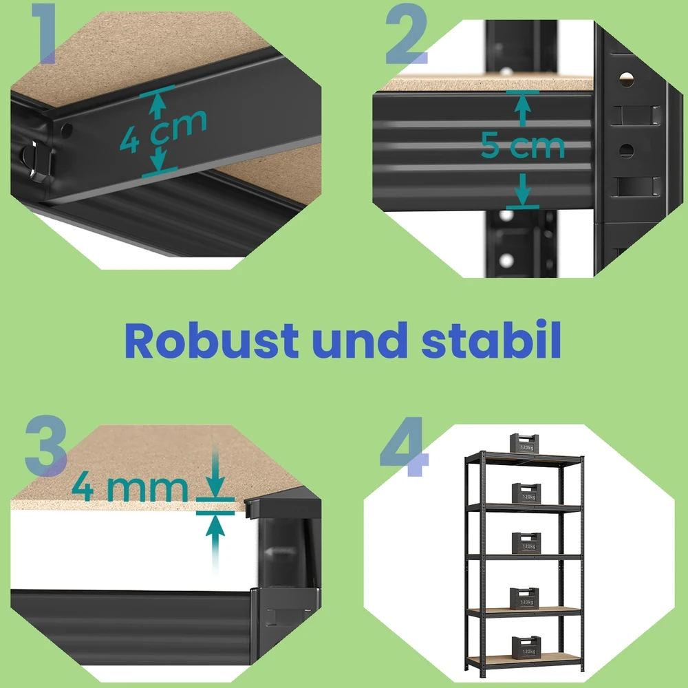 Koduva Sunkių daiktų stelažas, 50 x 100 x 200 cm, juodas, iš cinkuoto plieno ir MDF, 5 reguliuojamos lentynos