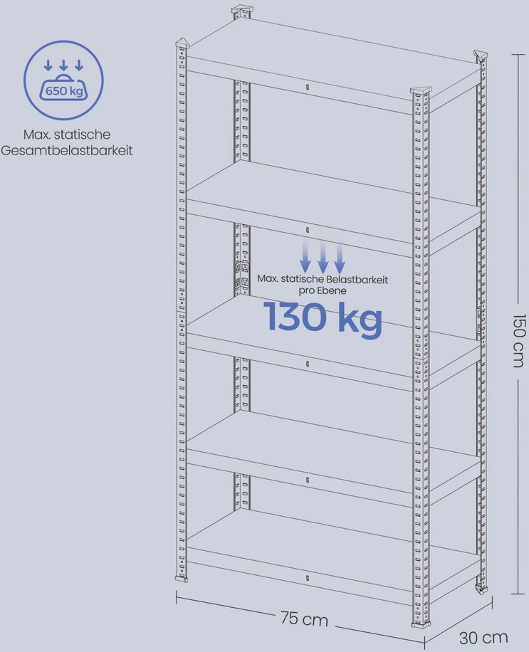 Koduva Sunkiųjų daiktų lentyna 30 x 75 x 150 cm, plieno ir MDF, 5 reguliuojamos lentynos, sidabrinė