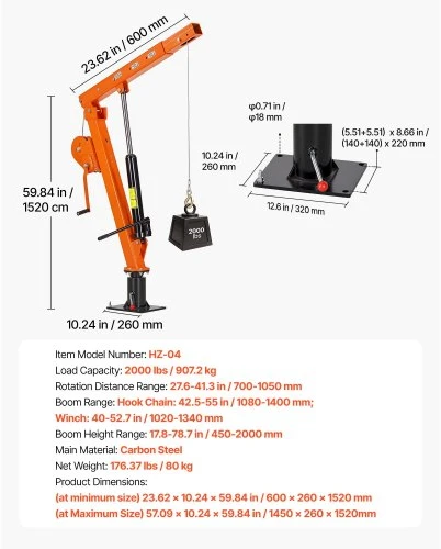 VEVOR Sunkvežimio kranas HZ-04, 907,2kg, rankinė gervė, 360° pasukama teleskopinė strėlė