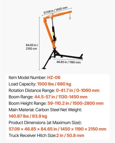 VEVOR Sunkvežimio kranas HZ-06, iki 680 kg, iš anglinio plieno, 145 x 119 x 215 cm