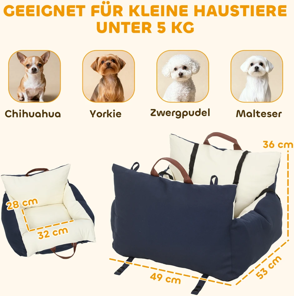 Aosom Šuns automobilinė kėdutė, 2 diržai, skalbiami užvalkalai, mėlynai smėlinė, augintiniams iki 5kg