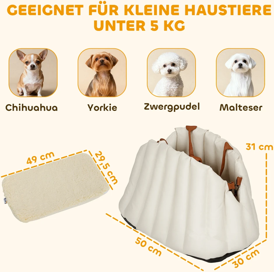 Aosom Šuns automobilinė kėdutė ir nešyklė, kreminė balta, iki 5kg, 50 x 30 x 31 cm