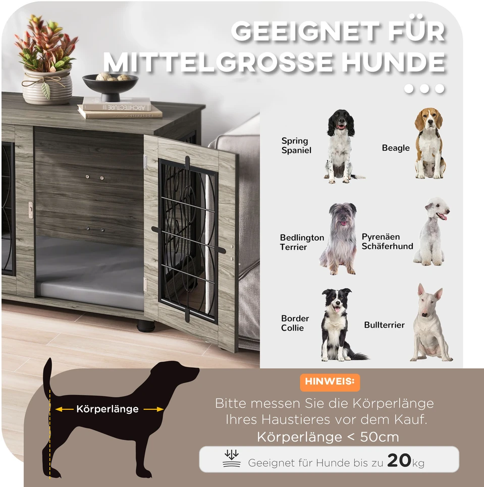 Aosom Šuns narvas su guoliu, iki 20 kg / 50 cm kūno ilgio, metalas, 80 x 56 x 63 cm, pilka / medžio dekoras