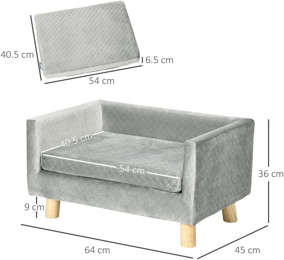 Aosom Šuns sofa lova su medinėmis kojelėmis, tamsiai pilka, 64 x 45 x 36 cm