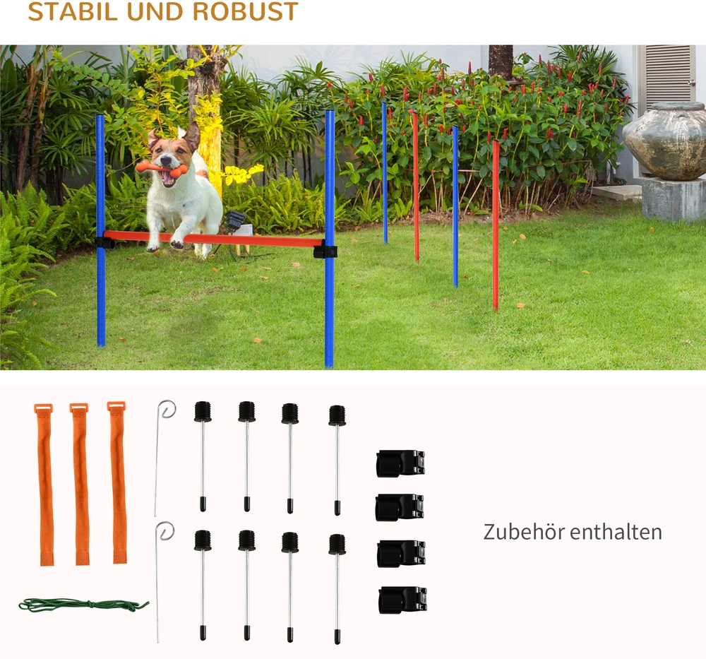 Aosom Šunų agility komplektas, 3 dalių, su kliūtimis, slalomo lazdomis ir šuolių žiedu, mėlyna/raudona