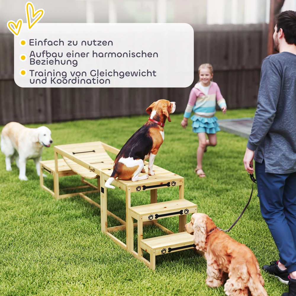 Aosom Šunų agility rinkinys, 3 dalių, su tiltu, laipteliais ir platforma, natūrali mediena, iki 40 kg