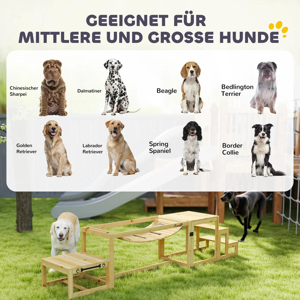 Aosom Šunų agility rinkinys, 3 dalių, su tiltu, laipteliais ir platforma, natūrali mediena, iki 40 kg