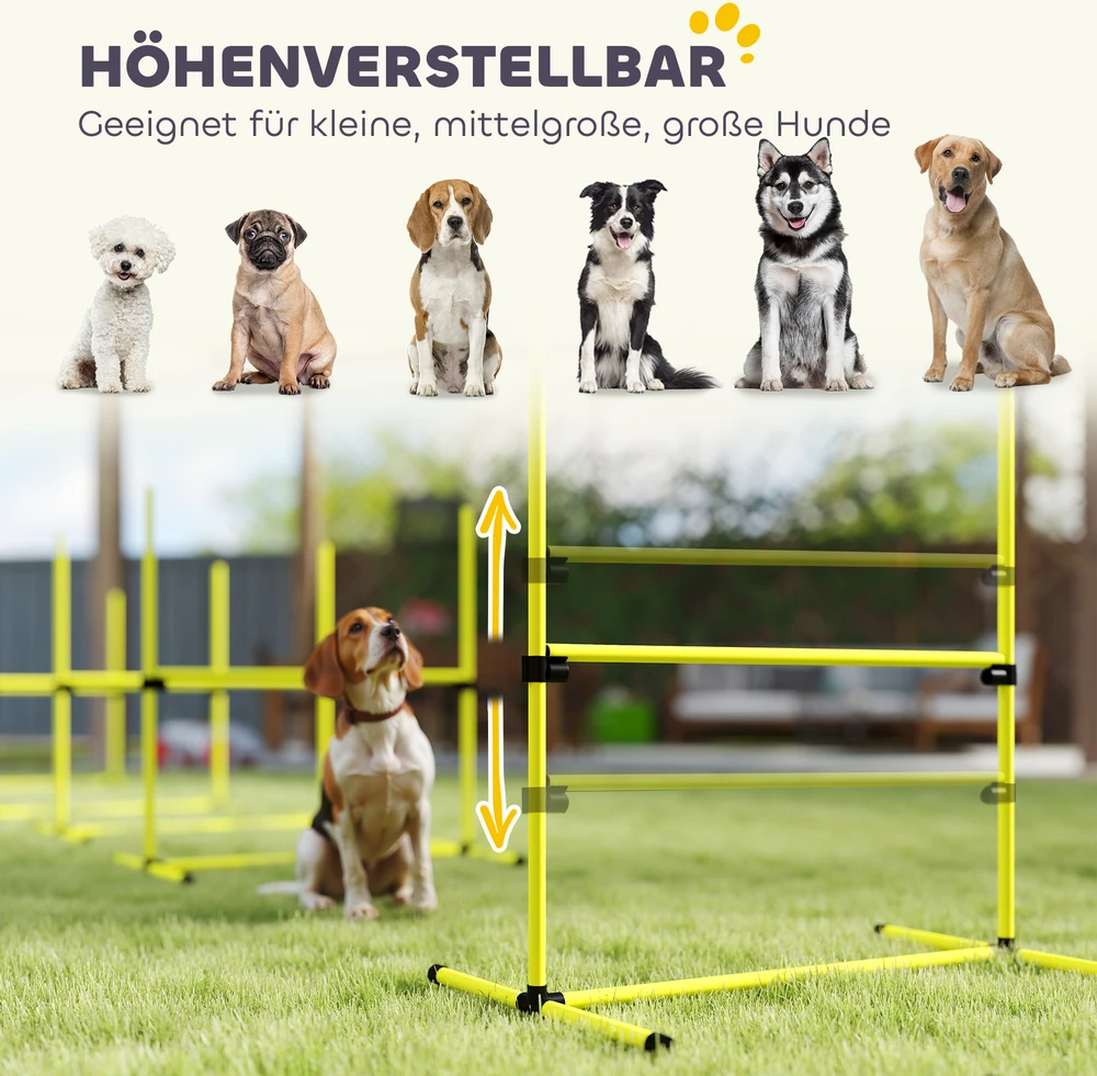 Aosom Šunų agility rinkinys, 4 vnt., kliūtys, slalomo kartys, grindų kartys, geltonas