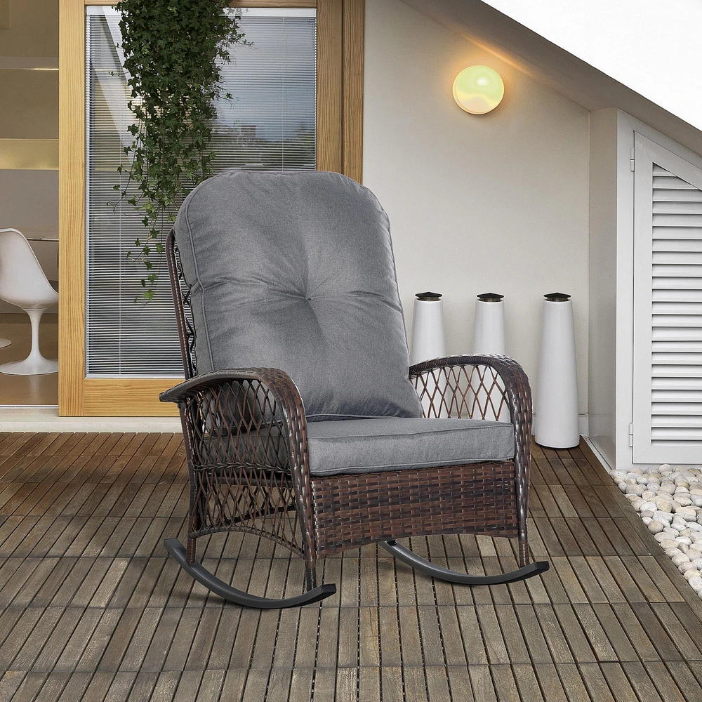 Aosom Supamasis krėslas su pagalvėlėmis ir sagų siuvinėjimu, PE rotangas, plienas, ruda ir pilka, 75 x 98 x 91 cm