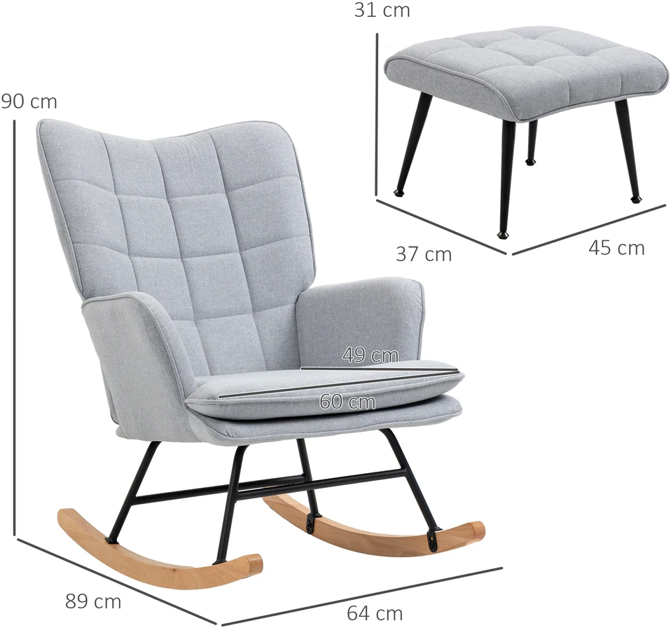 Aosom Supamasis krėslas su pufu, Skandidesign, šviesiai pilkas, 64 x 89 x 90 cm