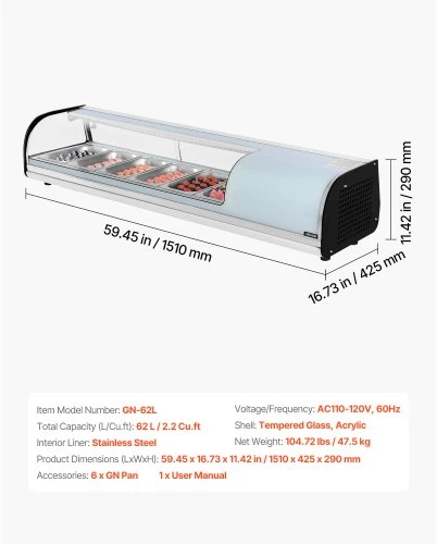 VEVOR Sushi vitrininis šaldytuvas GN-62L, 62 l, 6 indų, 151 x 43 x 29 cm