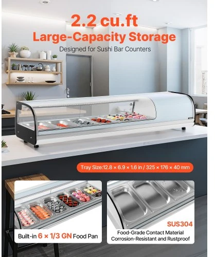 VEVOR Sushi vitrininis šaldytuvas GN-62L, 62 l, 6 indų, 151 x 43 x 29 cm