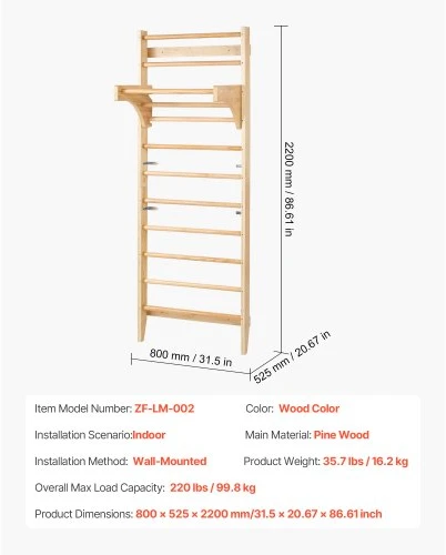 VEVOR Švediška sienelė su prisitraukimų skersiniu, mediena, iki 100 kg, 117 x 39 x 18 cm