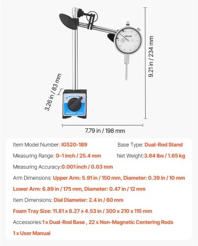 Koduva Svirtinis indikatorius VEVOR su dvigubo strypo magnetiniu stovu ir dėklu, 0,03 mm, 0-25,4 mm