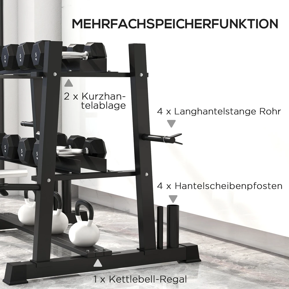 Virdulys Aosom Svorio stovas hanteliams, kettlebells, svarmenų diskams ir štangoms, 3 lygiai, reguliuojamas, plienas, 131 x 75 x 80 cm, juodas