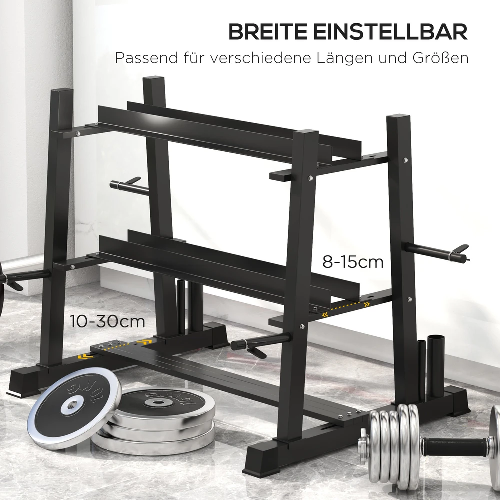 Virdulys Aosom Svorio stovas hanteliams, kettlebells, svarmenų diskams ir štangoms, 3 lygiai, reguliuojamas, plienas, 131 x 75 x 80 cm, juodas
