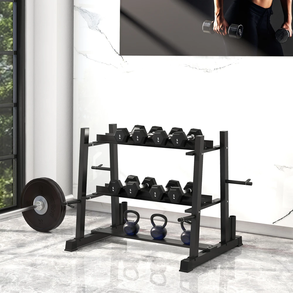 Virdulys Aosom Svorio stovas hanteliams, kettlebells, svarmenų diskams ir štangoms, 3 lygiai, reguliuojamas, plienas, 131 x 75 x 80 cm, juodas