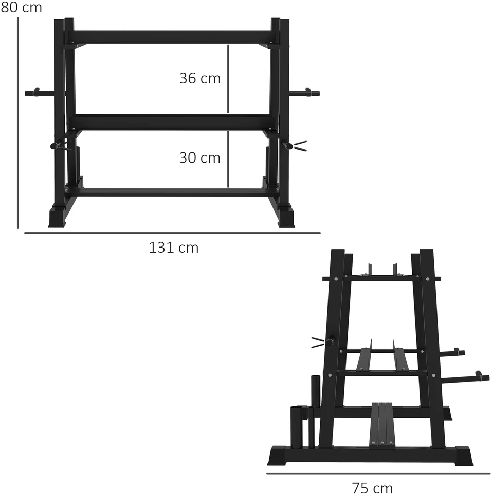 Virdulys Aosom Svorio stovas hanteliams, kettlebells, svarmenų diskams ir štangoms, 3 lygiai, reguliuojamas, plienas, 131 x 75 x 80 cm, juodas