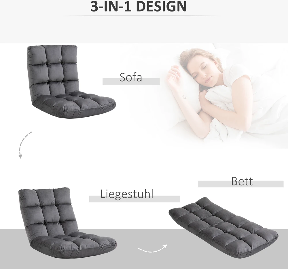 Aosom Tamsiai pilka 3 viename sulankstoma grindų sofa-lova, 55 × 108 cm