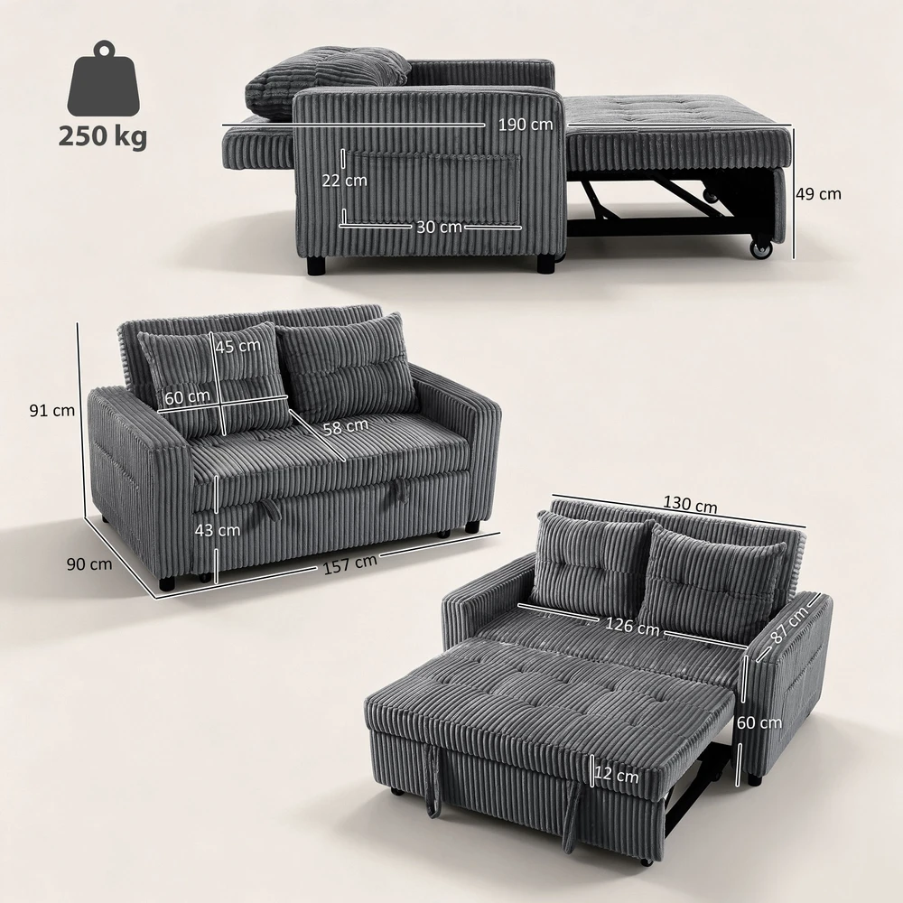 Aosom Tamsiai pilka dvivietė ištraukiama sofa-lova su 2 pagalvėmis, 157 × 90 cm