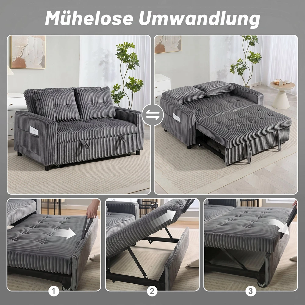 Aosom Tamsiai pilka dvivietė ištraukiama sofa-lova su 2 pagalvėmis, 157 × 90 cm